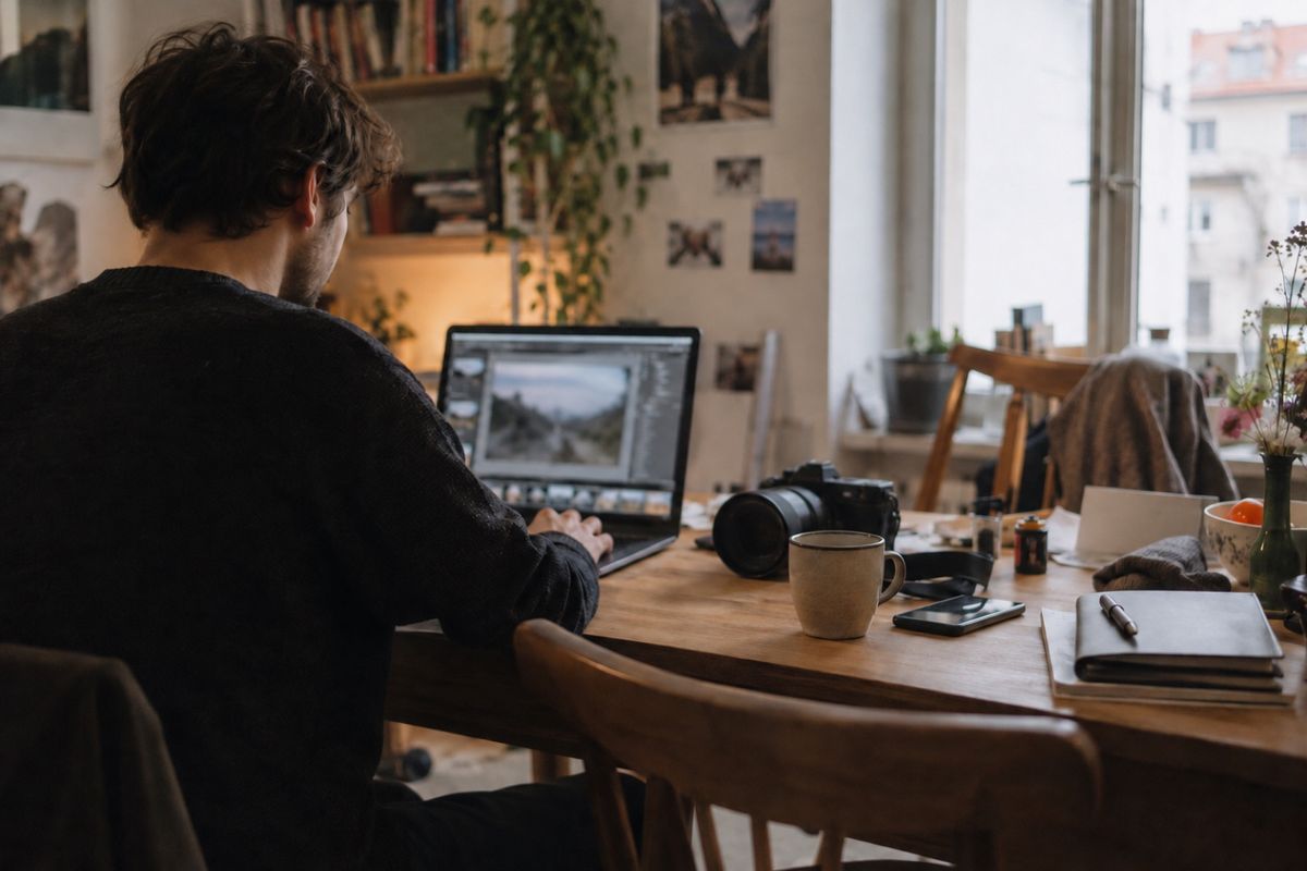 Ein Mann bearbeitet Fotos am Laptop, daneben liegen eine Kamera, ein Smartphone und eine Tasse auf einem Holztisch